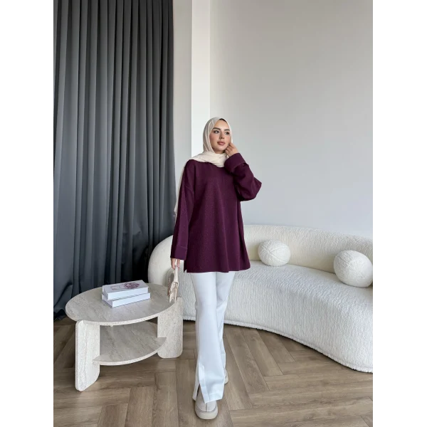 Gülsy Kol Detay Simli Triko Kazak - Bordo