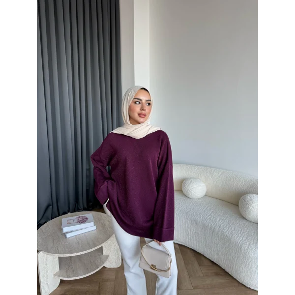 Gülsy Kol Detay Simli Triko Kazak - Bordo
