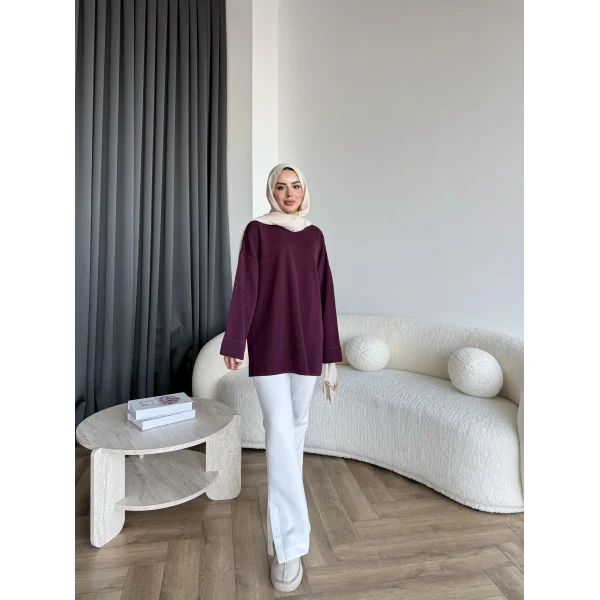 Gülsy Kol Detay Simli Triko Kazak - Bordo