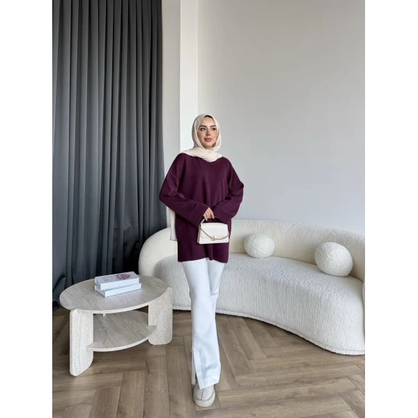 Gülsy Kol Detay Simli Triko Kazak - Bordo