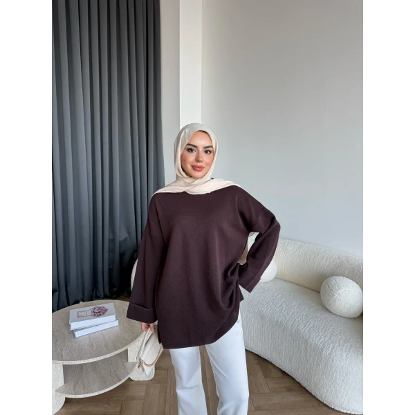 Gülsy Kol Detay Simli Triko Kazak - Kahve