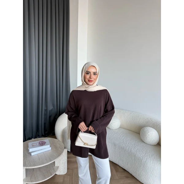 Gülsy Kol Detay Simli Triko Kazak - Kahve