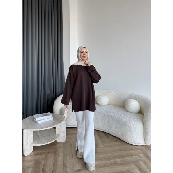 Gülsy Kol Detay Simli Triko Kazak - Kahve