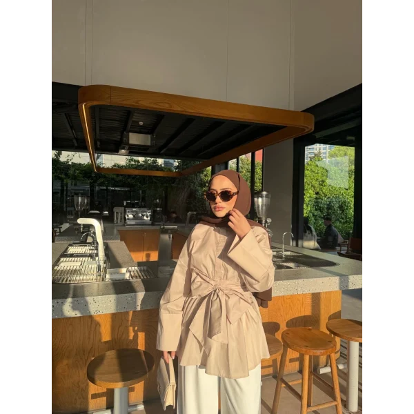 Helino Kuşaklı Gömlek - Bej