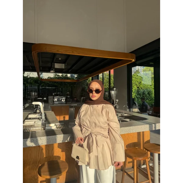 Helino Kuşaklı Gömlek - Bej