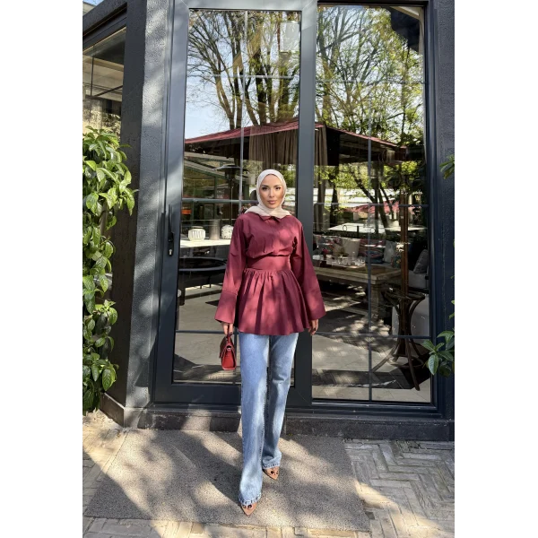 Helino Kuşaklı Gömlek - Bordo