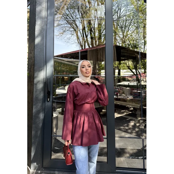 Helino Kuşaklı Gömlek - Bordo