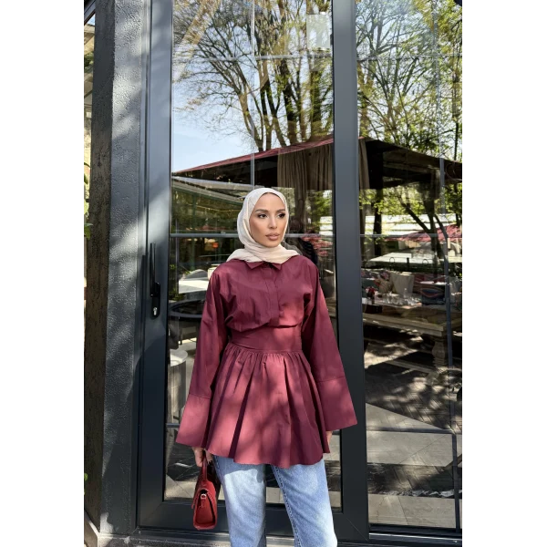Helino Kuşaklı Gömlek - Bordo