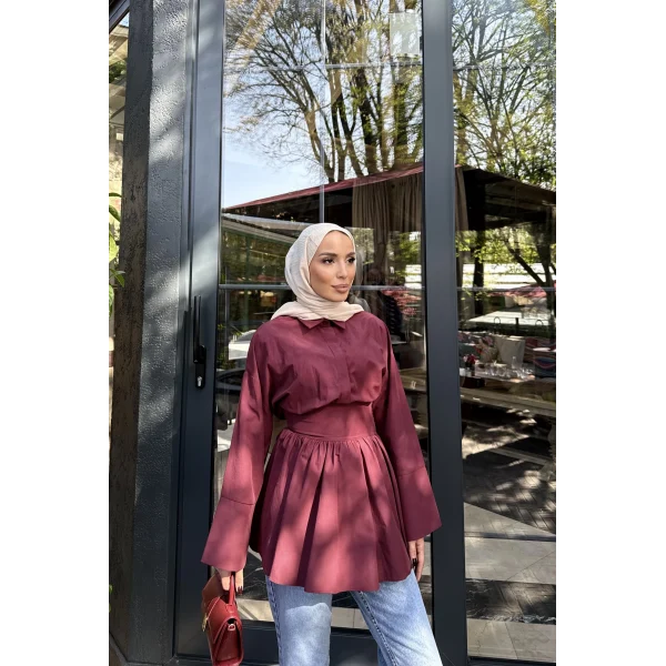 Helino Kuşaklı Gömlek - Bordo