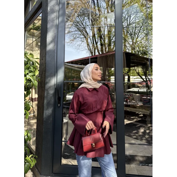 Helino Kuşaklı Gömlek - Bordo