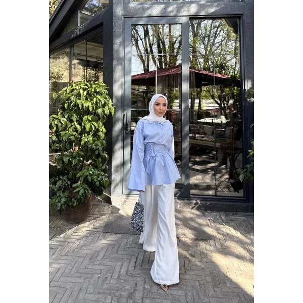 Helino Kuşaklı Gömlek - Mavi