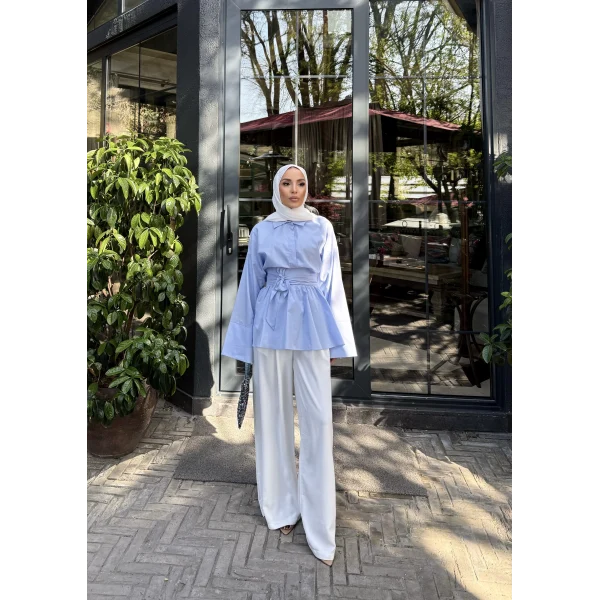 Helino Kuşaklı Gömlek - Mavi