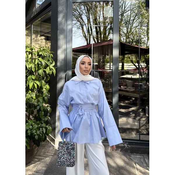 Helino Kuşaklı Gömlek - Mavi