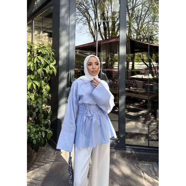 Helino Kuşaklı Gömlek - Mavi