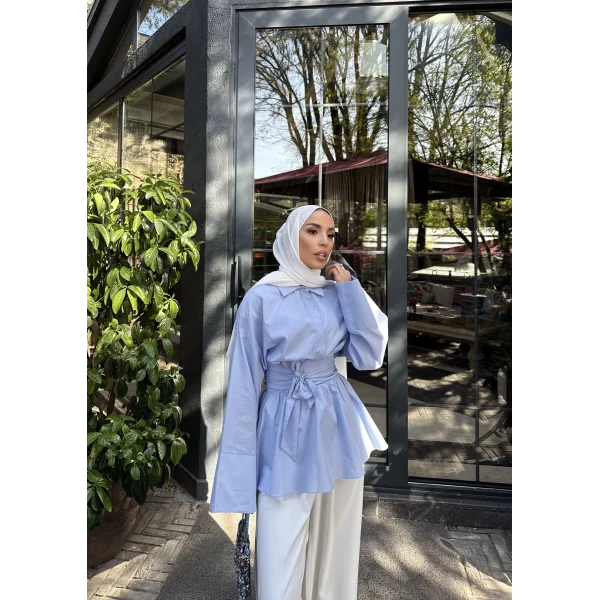 Helino Kuşaklı Gömlek - Mavi