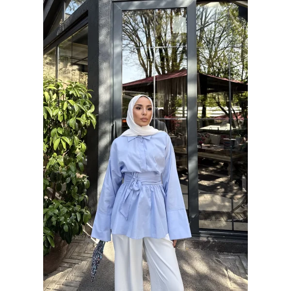 Helino Kuşaklı Gömlek - Mavi