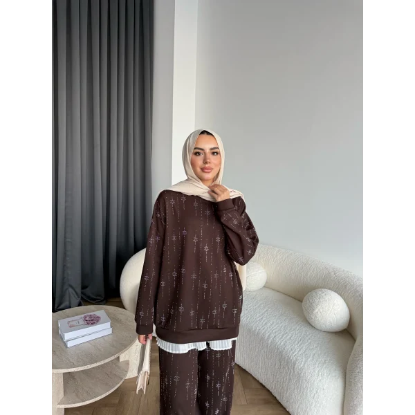 Hps-Muadil Taşlı Eşofman Takım - Kahve