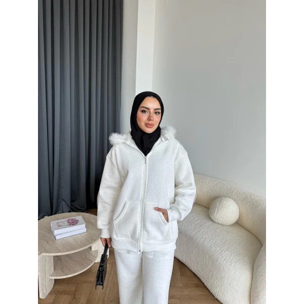 Hps-Taşlı Kürk Detay Takım - Beyaz