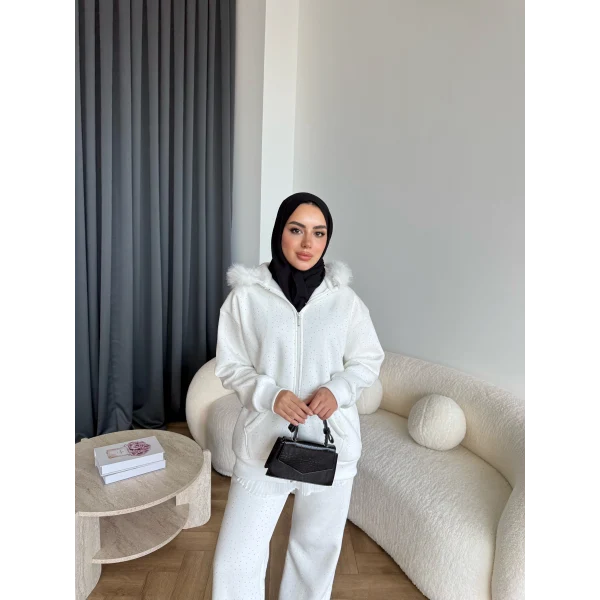 Hps-Taşlı Kürk Detay Takım - Beyaz