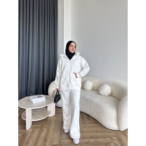 Hps-Taşlı Kürk Detay Takım - Beyaz