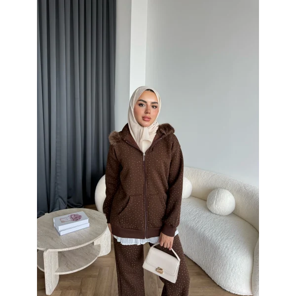 Hps-Taşlı Kürk Detay Takım - Kahve