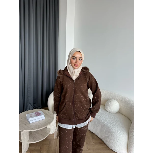 Hps-Taşlı Kürk Detay Takım - Kahve