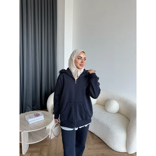 Hps-Taşlı Kürk Detay Takım - Lacivert
