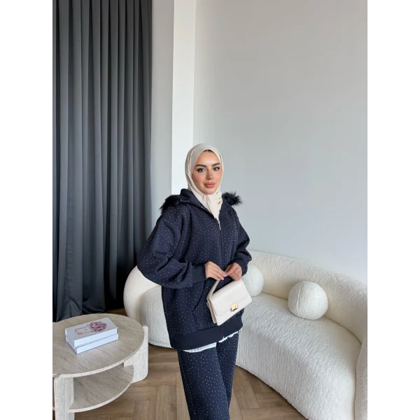 Hps-Taşlı Kürk Detay Takım - Lacivert