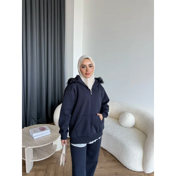 Hps-Taşlı Kürk Detay Takım - Lacivert