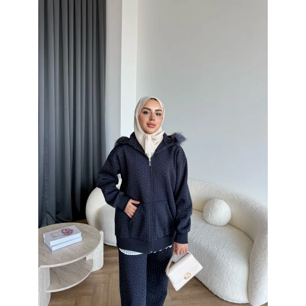Hps-Taşlı Kürk Detay Takım - Lacivert