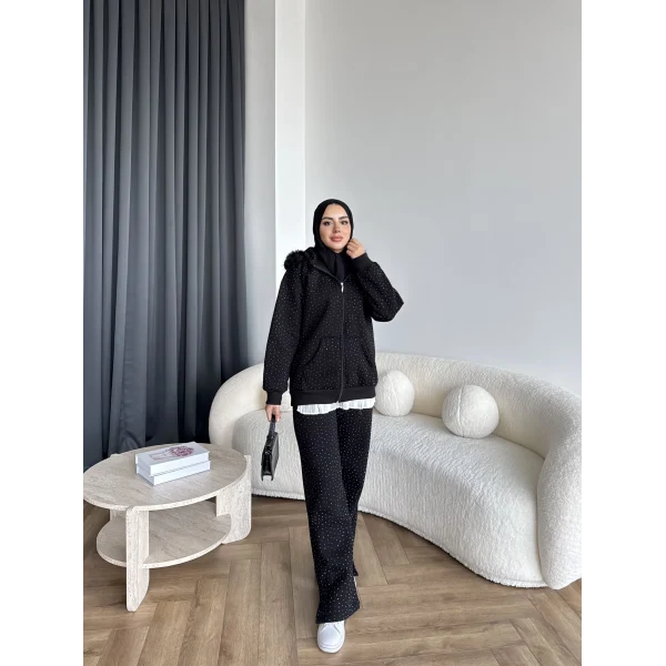 Hps-Taşlı Kürk Detay Takım - Siyah
