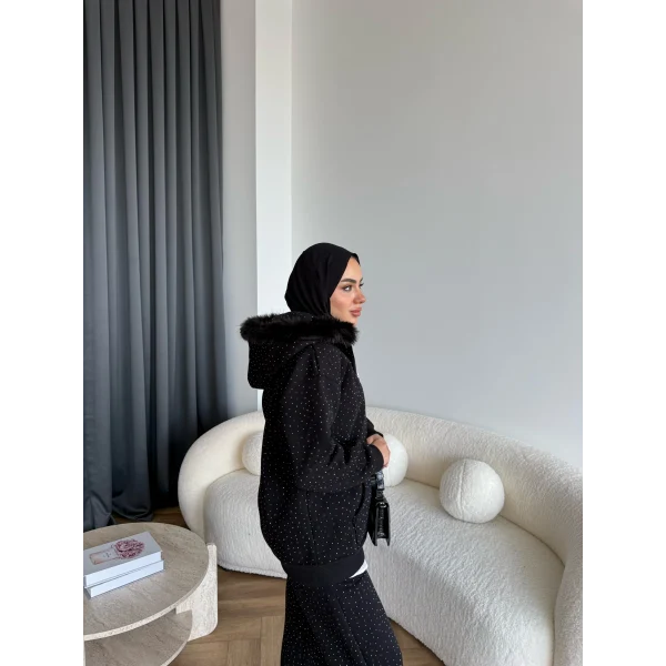 Hps-Taşlı Kürk Detay Takım - Siyah