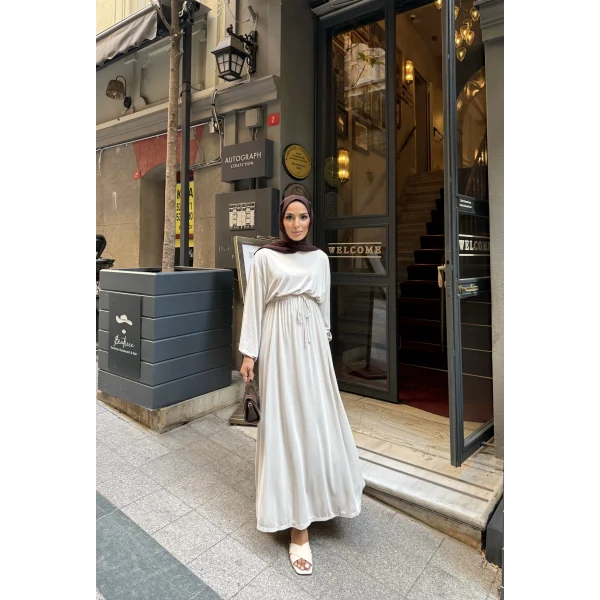 İmren Beli Lastikli Oysh Elbise - Bej