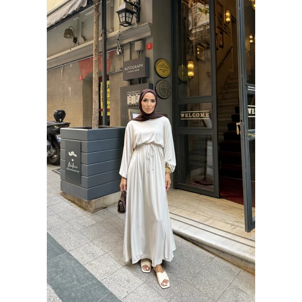 İmren Beli Lastikli Oysh Elbise - Bej