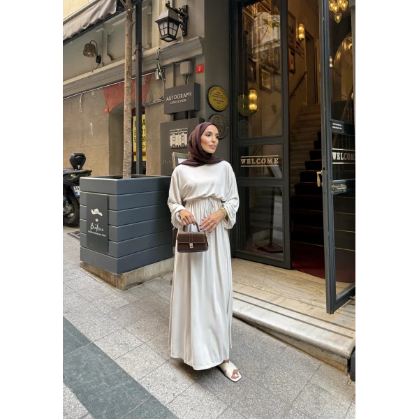 İmren Beli Lastikli Oysh Elbise - Bej