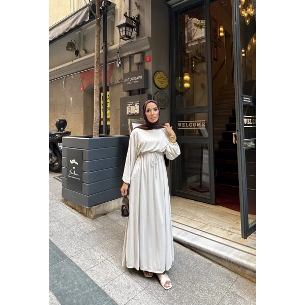 İmren Beli Lastikli Oysh Elbise - Bej