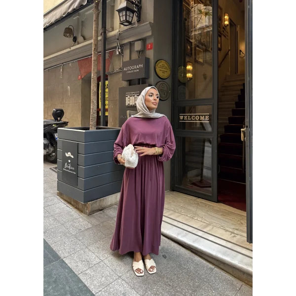 İmren Beli Lastikli Oysh Elbise - Bordo