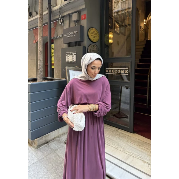 İmren Beli Lastikli Oysh Elbise - Bordo