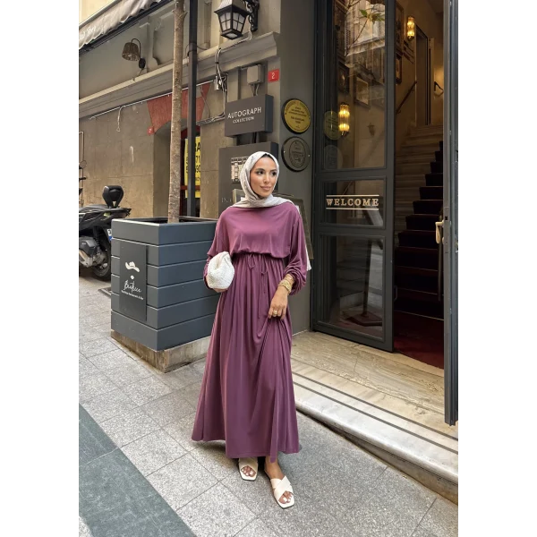 İmren Beli Lastikli Oysh Elbise - Bordo