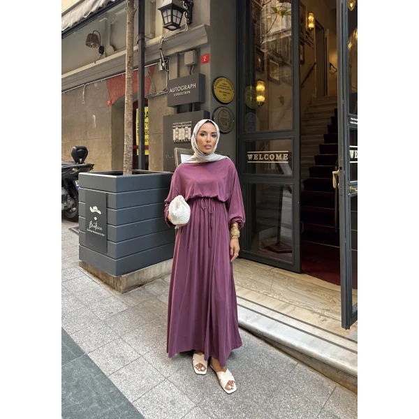 İmren Beli Lastikli Oysh Elbise - Bordo