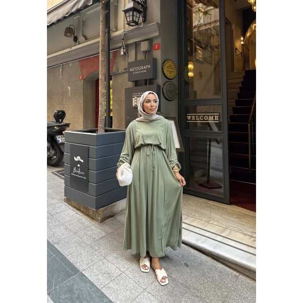 İmren Beli Lastikli Oysh Elbise - Yeşil