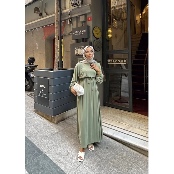 İmren Beli Lastikli Oysh Elbise - Yeşil