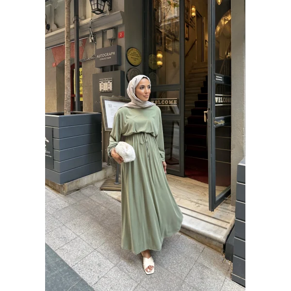 İmren Beli Lastikli Oysh Elbise - Yeşil