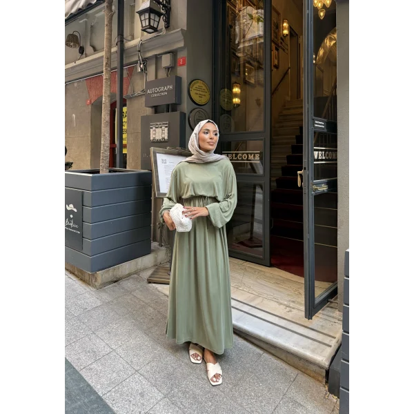 İmren Beli Lastikli Oysh Elbise - Yeşil