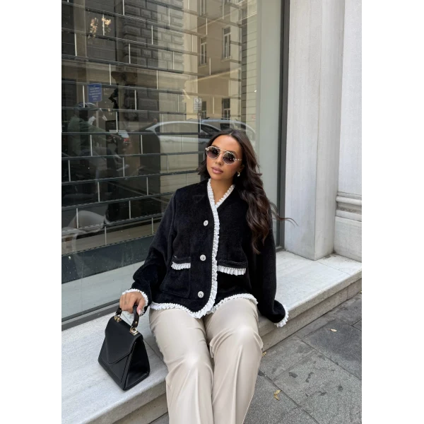 İnci Şerit Detaylı Kürk Ceket - Siyah
