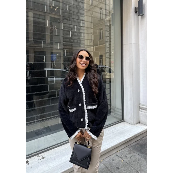 İnci Şerit Detaylı Kürk Ceket - Siyah