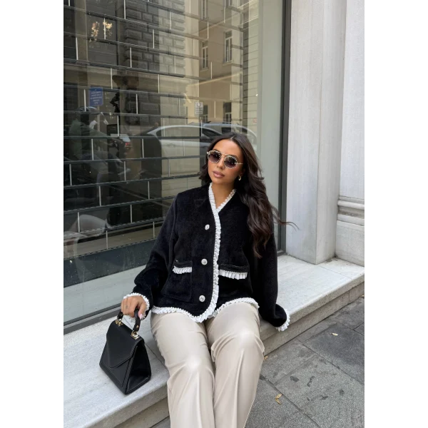 İnci Şerit Detaylı Kürk Ceket - Siyah