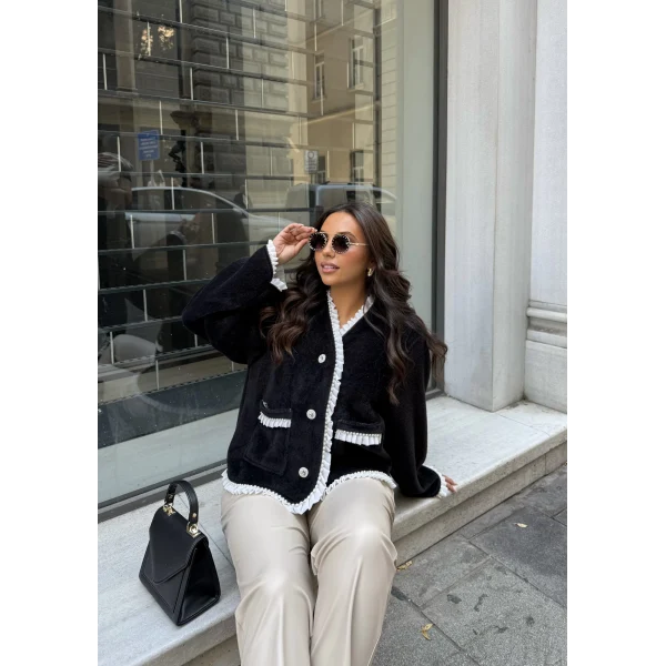 İnci Şerit Detaylı Kürk Ceket - Siyah