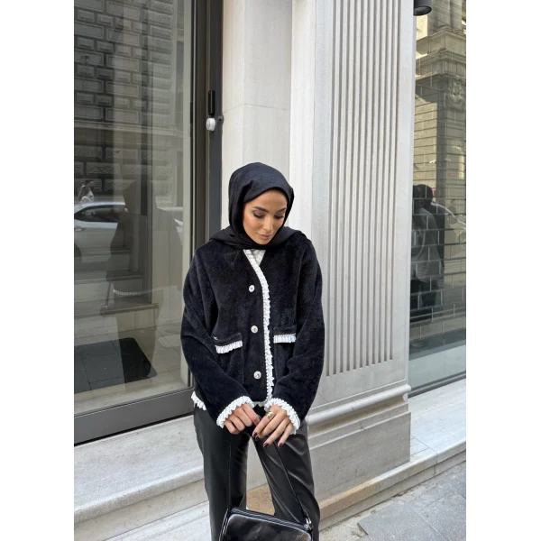 İnci Şerit Detaylı Kürk Ceket - Siyah