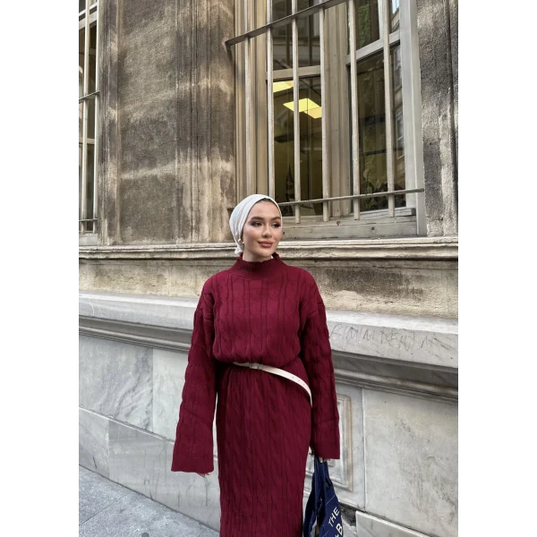 Işıl Örgü Triko Elbise - Bordo